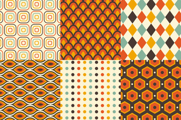 Set of seamless pattern in retro style. Abstract texture decorative 50`s, 60's, 70's style. Can be used for fabric, wallpaper, textile, wall decoration. Vector illustration