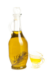 Jug with olive oil, olive branch isolated on white background