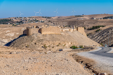 A view towards the ruins of the crusader castle in Shobak, Jordan in summertime