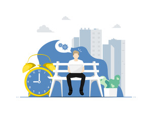 Freelance work offsite concept, Human sitting on chair with laptop, Digital marketing illustration.