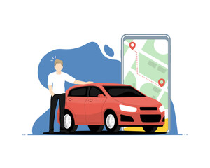 Navigation applications concept, Human standing with personal car and smartphone, Digital marketing illustration.