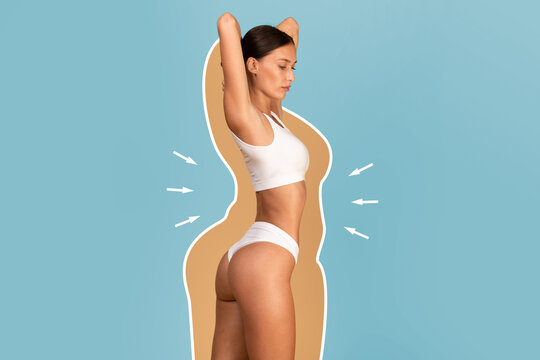 Weightloss Concept. Fit Lady In Underwear With Drawn Silhouette Around Her Body