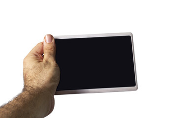 Male hand holding a mobile tablet computer. Transparent background