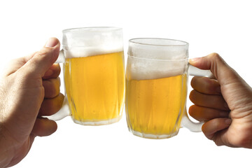 Hands with a mug of beer making a toast on a transparent background
