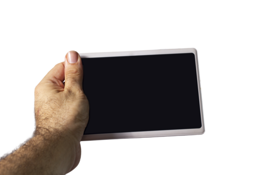 Male hand holding a mobile tablet computer. Transparent background