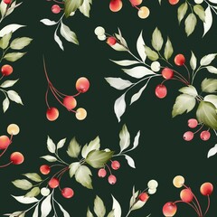 Seamless Christmas pattern trees with branches and berries in a watercolor style