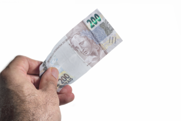 Hand holding a brazilian money two hundred real bill	Transparent background
