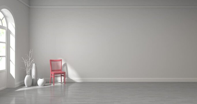 White interior. Transition to color. Minimalistic living room interior. Chair and flowers on the background of a wall with a window. 3d render