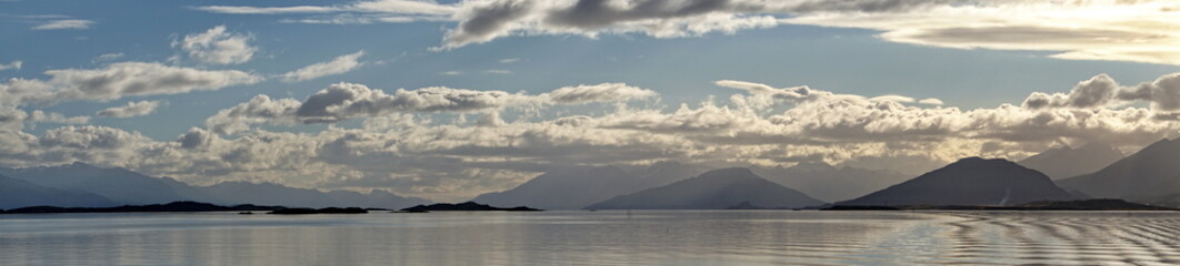 Panorama of the Beagle Channel, near Ushuaia, Argentina, at dusk