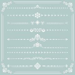 Vintage set of vector decorative elements. Horizontal separators in the frame. Collection of light blue and white different ornaments. Classic patterns. Set of vintage patterns