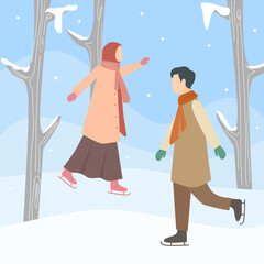 muslim man and woman playing ice skating in cold winter season