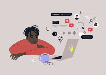 A young male African character ovewhelmed with online notifications, messages, calls, emails, social media reactions, and other digital activities