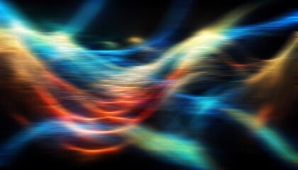 Neon wave. Glow motion. Light flare. Blur orange blue red luminous color radiance reflection collage abstract background.