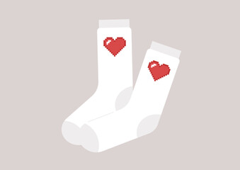 A pair of socks with 8 bit red hearts, saint valentines gifts