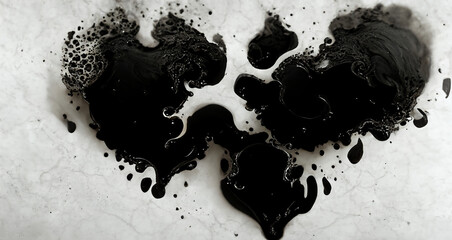 Ink drop. Bubble fluid. Dirt blob. Black heart shape liquid paint splatter on white marble texture collage decorative illustration abstract art background.