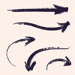 Vector arrows in different directions drawn with a brush by hand. Against the background of a checkered notebook.