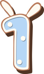 Christmas gingerbread in the shape of the namber with rabbit ears, white blue glaze, polka dots