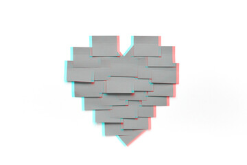 Blank pink sticky notes stick to white wall in heart shape with glitch and anaglyph effect....