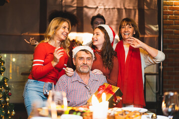 Happy family are having dinner at home. Family Celebrate Christmas at Home.