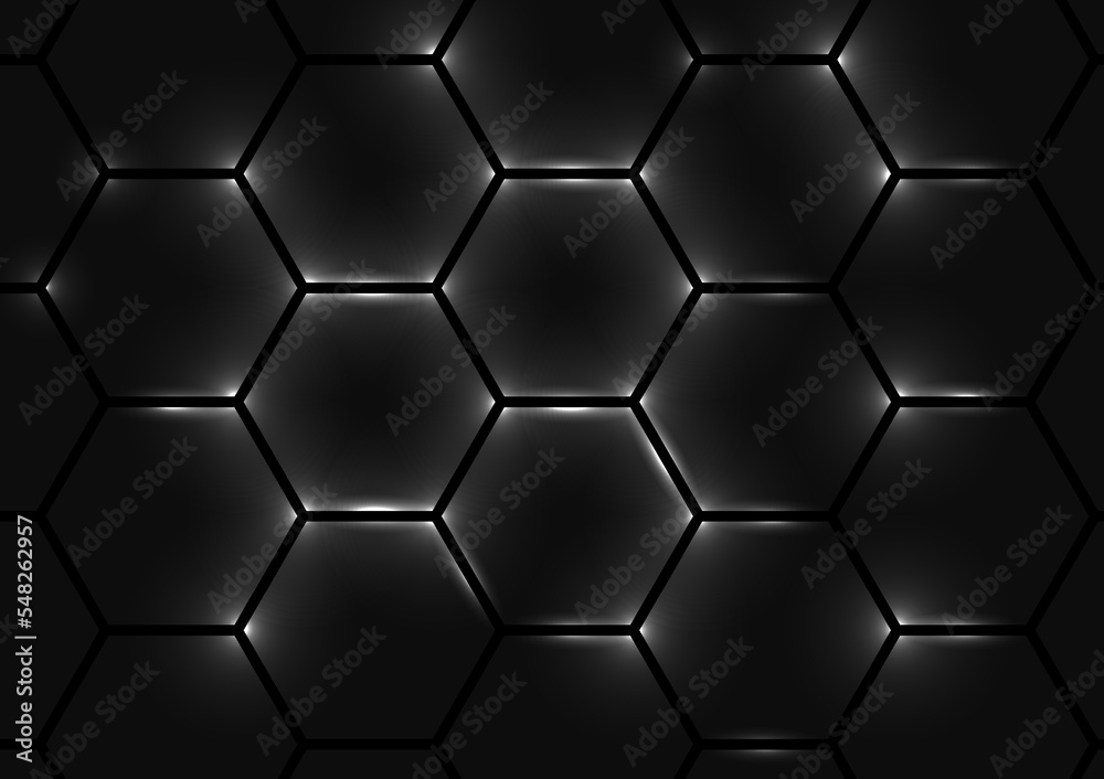Poster dark hexagon abstract technology background with bright flashes under hexagon. hexagonal gaming vect