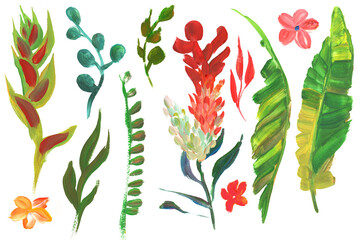 Collection of tropical banana branches and leaves painted with bright colors with a dry brush for textile 