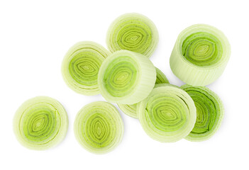 sliced leek rings on a white isolated background, top view