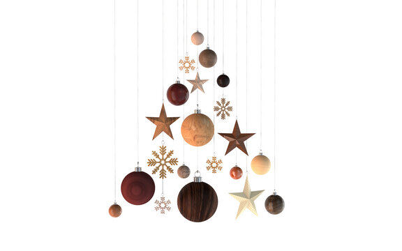 Abstract Christmas Tree In Various Wooden Structures Stars Snowflakes Baubles Christmastree Hanging From Above Isolated 3D Rendering