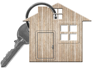 Clé et porte-clefs maison bois, fond blanc 