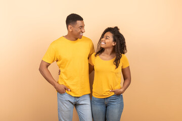 Couple in love. Loving african american couple embracing, looking and smiling to each other posing over peach background
