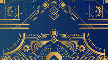 Vector abstract geometric golden background. Art deco wedding, party pattern, geometric ornament, linear style with leaves. Horizontal orientation luxury decoration element in blue background
