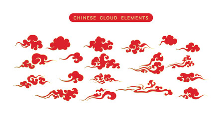 Set of Luxury Gold Red Chinese clouds vector. Ornament oriental elements for asian chinese new year card or mid autumn. Vintage sky art decorative illustration