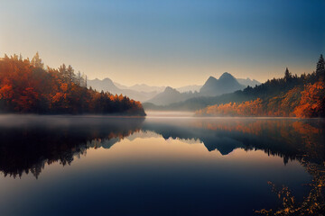 Misty morning over mountain lake and woods, serene scene