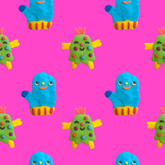 Obraz premium Plasticine craft seamless pattern - child face portrait.Clay 3d render patch.Real texture plasticine.quirky portrait character.Psychedelic funny hippie.New Year's party 00s and 90s style. 