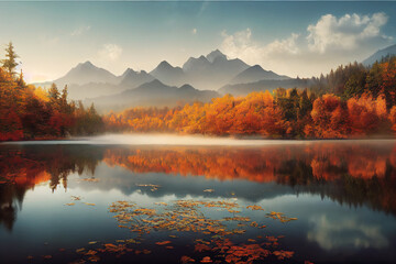 Misty morning over mountain lake and woods, serene scene - obrazy, fototapety, plakaty