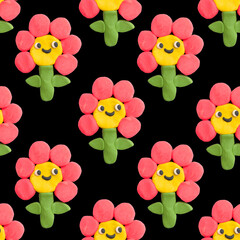 funky groove flower character.Plasticine craft seamless pattern .Clay 3d render patch.Real texture plasticine ornament.quirky .Psychedelic funny hippie.Flower power chamomile 00s and 90s style back	