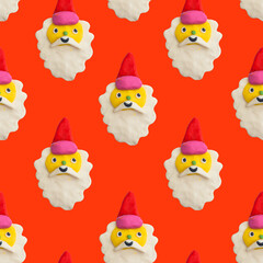 santa face face for christmas.Plasticine craft seamless pattern.Clay 3d render patch.Real texture plasticine.quirky portrait character.Psychedelic funny hippie.New Year's party 00s and 90s style.	