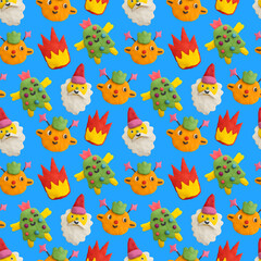 Plasticine craft seamless pattern - child face portrait.Clay 3d render patch.Real texture plasticine.quirky portrait character.Psychedelic funny hippie.New Year's party 00s and 90s style.	