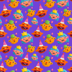 Plasticine craft seamless pattern - child face portrait.Clay 3d render patch.Real texture plasticine.quirky portrait character.Psychedelic funny hippie.New Year's party 00s and 90s style.	