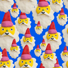 santa face face for christmas.Plasticine craft seamless pattern.Clay 3d render patch.Real texture plasticine.quirky portrait character.Psychedelic funny hippie.New Year's party 00s and 90s style.	