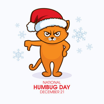 National Humbug Day vector. Cat with thumbs down icon vector. Grumpy cat with santa hat drawing. Funny angry christmas cat cartoon character. December 21. Important day