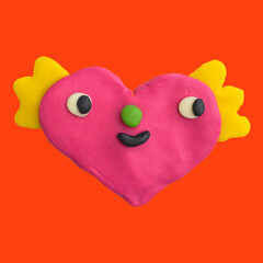 funky groove valentine heart.Plasticine craft postcard.Clay 3d render patch.Real texture plasticine.quirky portrait character.Psychedelic funny hippie card.Saint valentine love party 00s and 90s style