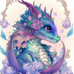Adorable baby blue-green dragon, watercolor illustration