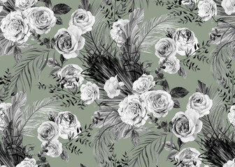 Seamless black and white pattern with a Bouquet of roses and tropical dried flowers for textile 