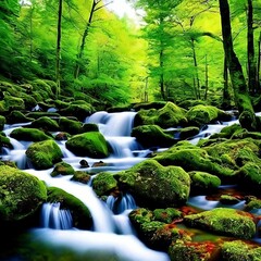  Beautiful 3D Nature and landscape wallpaper of a waterfall in a forest with sun ray