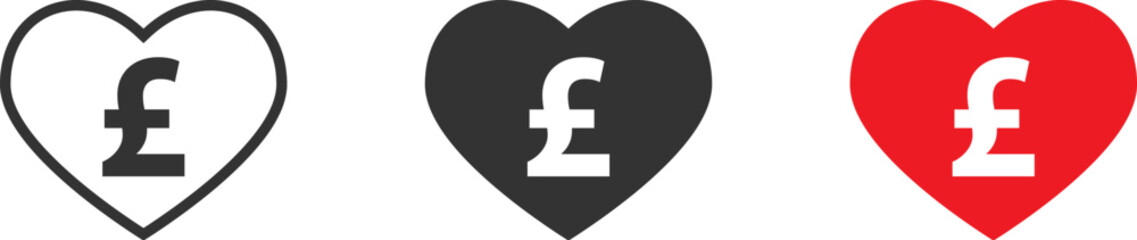 Heart icon with british currency sign inside. Vector illustration.
