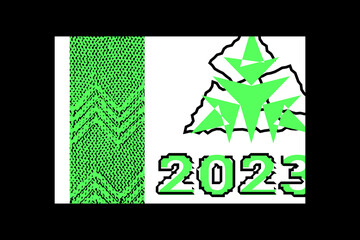 Creative concept of 2023 Happy New Year poster. Abstract christmas tree, knit pattern. Minimalistic trendy illustration for branding, banner, cover