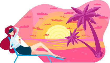 Woman character hold cocktail relax tropical sand beach, virtual reality world vacation trip isolated on white, cartoon vector illustration.