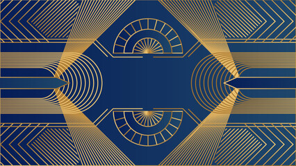 Art deco geometric gold and blue pattern background. Art deco line border. Modern gold frames, decorative lines borders and geometric golden label frame. Vintage antique elegant vector design