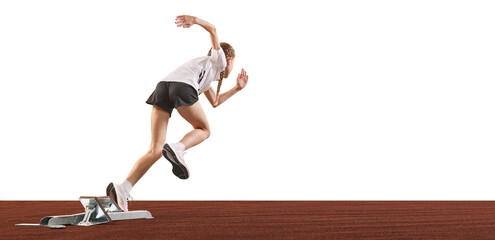 Young athlete, beginner female track runner bursting off starting block isolated over white background. Sport, workout, skills. Back view