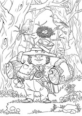 Funny forest gnome drawing. Coloring page with the magician dwarf. Coloring template with wizard.